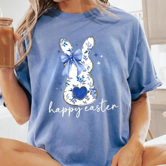 Other - Happy Easter Shirt, Blue Floral Chinoiserie Bunny Shirt, Grand Millennial